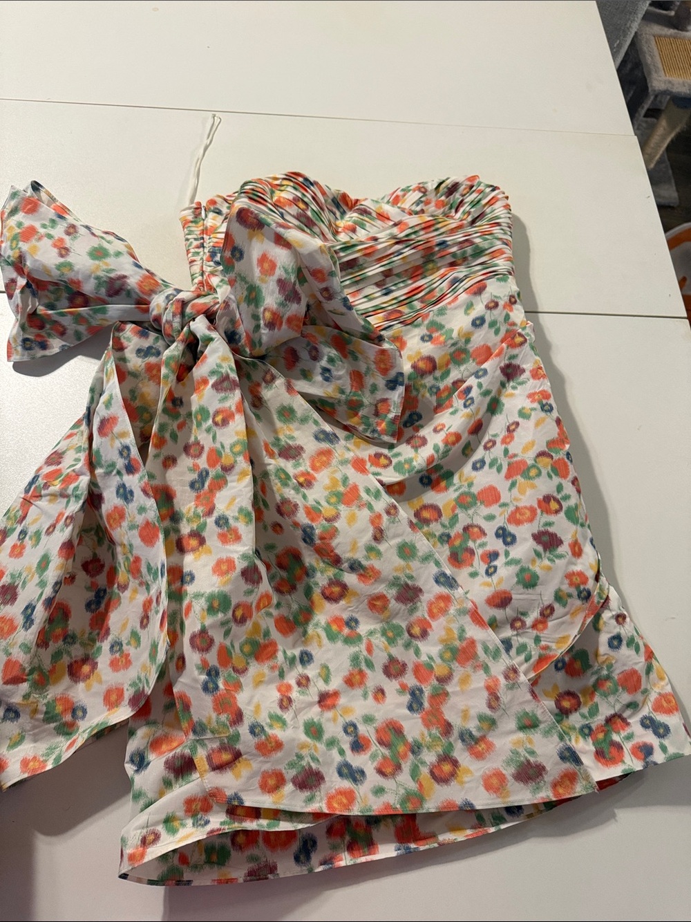 Tory Burch White Dress with Multicolor Floral Print and Bow